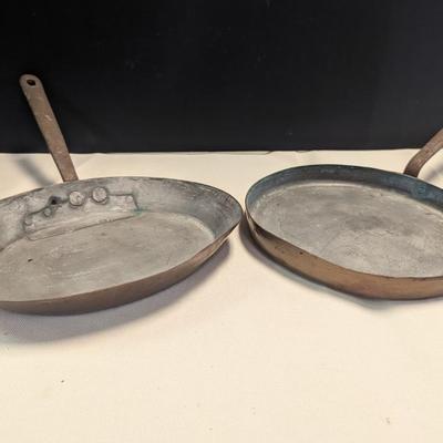 Sale Photo Thumbnail #1869: Hand-wrought Copper Pans With Riveted Handle