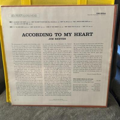 Sale Photo Thumbnail #394: "According to My Heart" by country music artist Jim Reeves. 
More information about the album includes:
Artist: Jim Reeves.
Title: According to My Heart.
Label: RCA Camden.
Catalog Number: CAS-583(e).
Format: 12" Vinyl LP, Stereo (reprocessed from monopho