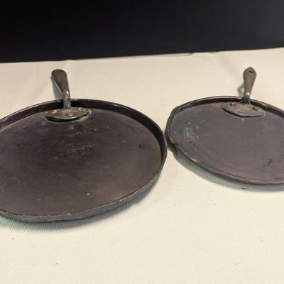 Sale Photo Thumbnail #1956: Hand-wrought Copper Pans With Riveted Handle -