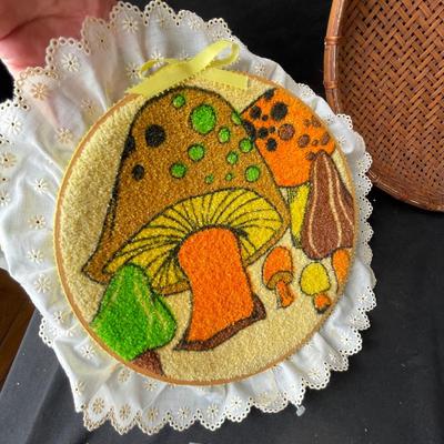 Lot 224 Wicker basket & Mushroom Wall hanging