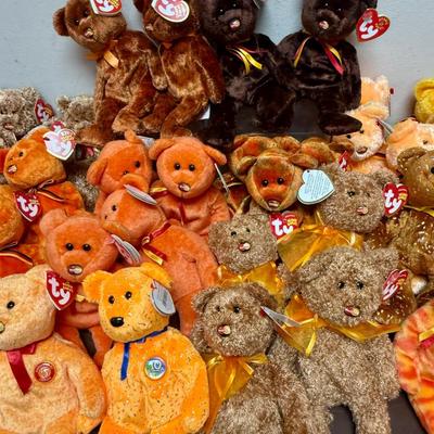 Sale Photo Thumbnail #280: Over 30 plush beanie baby style teddy bears: many colors as shown in the photo.