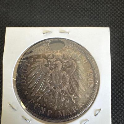 1902 Prussia 5 Mark Coin - 90% Silver