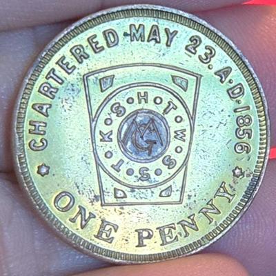 Sale Photo Thumbnail #44: This auction lot is for a Royal Arch Mason - Masonic Penny. This is a unique piece.  It is a Masonic penny given to a Mason that has reached the 4th Degree of Arch Masons.  It is from the Bellefontaine Royal Arch #25 in St. Louis, MO.  Very Cool.