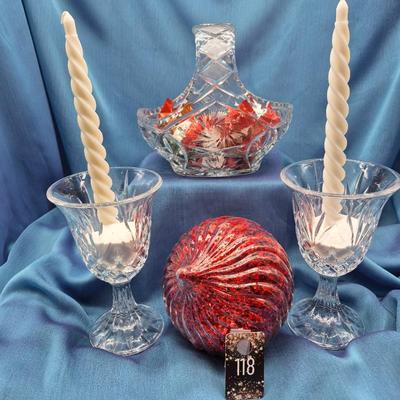Sale Photo Thumbnail #109: Crystal bowl with handle and 2 crystal goblets,candleholders

Crystal only, staging items not included