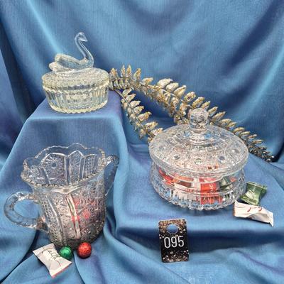 Sale Photo Thumbnail #110: 1 crystal candy dish,  6 inches tall
 1 pressed glass spoon holder with handles 7 inches tall,
1 pressed glass dish/swan 4.5 inches tall