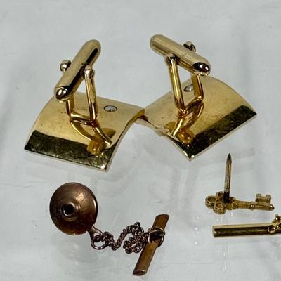 Sale Photo Thumbnail #260: Cufflinks have a pearl on each one, tie pins are a gold-tone key and a gold tone starburst.