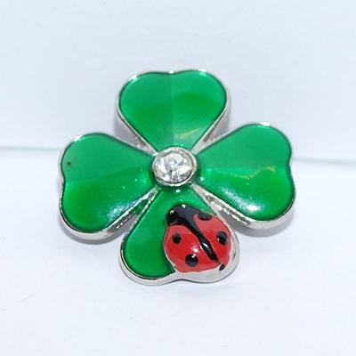 Petite "LADYBUG & CLOVER" BROOCH (1" Diam.) with Bright Green Leaves & Clear Center Stone Accents on a Silver Tone...
