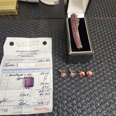 Vintage Jewelry Lot Amethyst Crystal, Bracelet, Cora Earings , Lona W Germany Earings