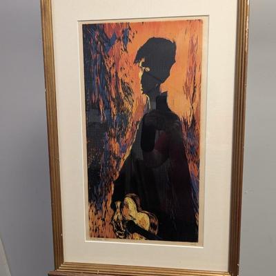 Sale Photo Thumbnail #2108: Folksinger By Jules Original Woodcut Art Titled Numbered And Signed Limited Edition
