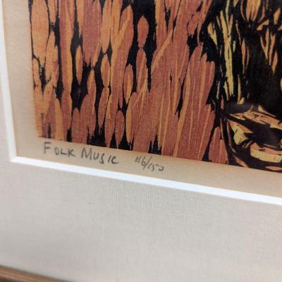 Sale Photo Thumbnail #2110: Folksinger By Jules Original Woodcut Art Titled Numbered And Signed Limited Edition