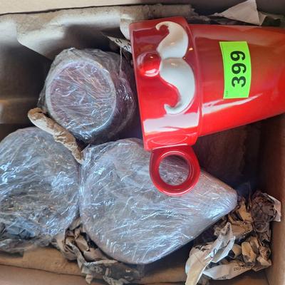 Red coffee mugs with white mustache