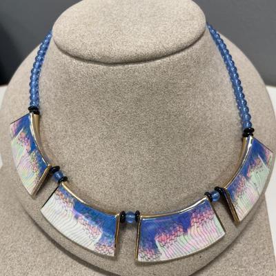 Blue bead and painted necklace