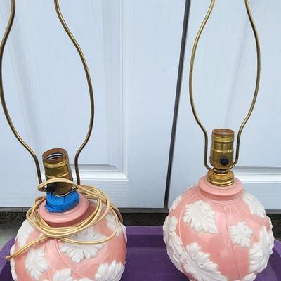 Sale Photo Thumbnail #196: Vintage 50's Art Deco Aladdin Table Lamp Pink & White Alacite Leaf Pattern.
Will receive both lamps as is.