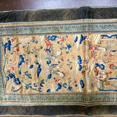 Antique Chinese Silk Embroidery Wall Hanging 28" x 13"