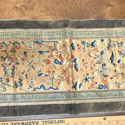 Antique Chinese Silk Embroidery Wall Hanging 28" x 13"