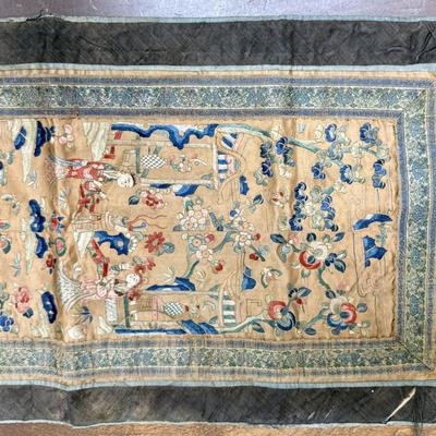 Antique Chinese Silk Embroidery Wall Hanging 28" x 13"
