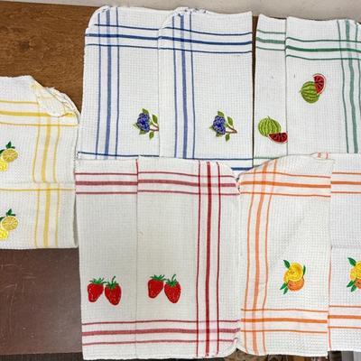 Lot of (10) Waffle Embroidery Kitchen Towels - Strawberry Orange Lemon Watermelon Blueberries