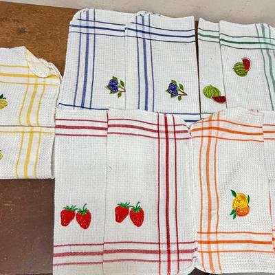 Lot of (10) Waffle Embroidery Kitchen Towels - Strawberry Orange Lemon Watermelon Blueberries