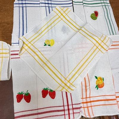 Lot of (10) Waffle Embroidery Kitchen Towels - Strawberry Orange Lemon Watermelon Blueberries