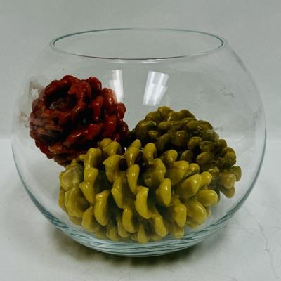 Clear Glass Terrarium or Fish Bowl with Wax Pincones