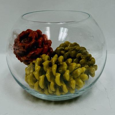 Clear Glass Terrarium or Fish Bowl with Wax Pincones