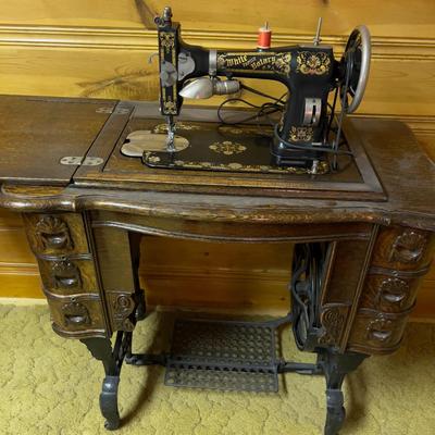 Antique Sewing Machine Cabinet - WHITE & WHITE Sewing Machine Family Rotary Treadle + Bonus Notions