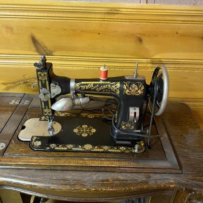 Antique Sewing Machine Cabinet - WHITE & WHITE Sewing Machine Family Rotary Treadle + Bonus Notions