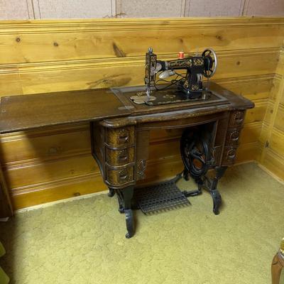 Antique Sewing Machine Cabinet - WHITE & WHITE Sewing Machine Family Rotary Treadle + Bonus Notions