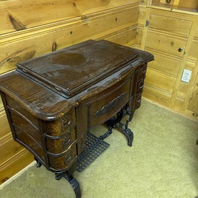 Antique Sewing Machine Cabinet - WHITE & WHITE Sewing Machine Family Rotary Treadle + Bonus Notions