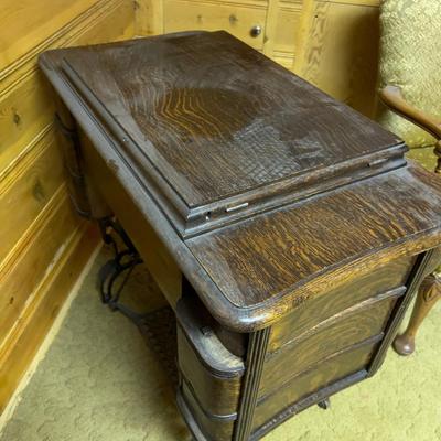 Antique Sewing Machine Cabinet - WHITE & WHITE Sewing Machine Family Rotary Treadle + Bonus Notions