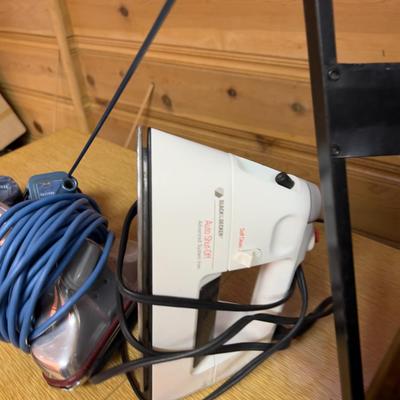 Vintage Appliance Lot: Iron, Vacuum, Cord Holder for Iron. 