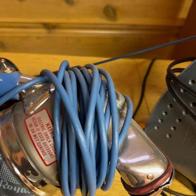 Vintage Appliance Lot: Iron, Vacuum, Cord Holder for Iron. 