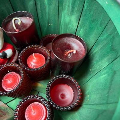 OMG Candles, Votives and Christmas in a Green Basket