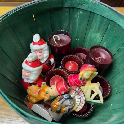 OMG Candles, Votives and Christmas in a Green Basket