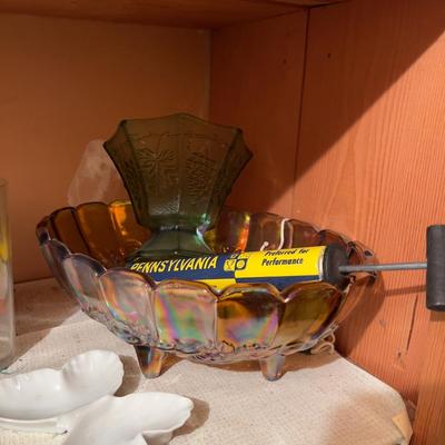Shelf Of Misc. Collectible, Pottery, Iron, Glass Etc. 