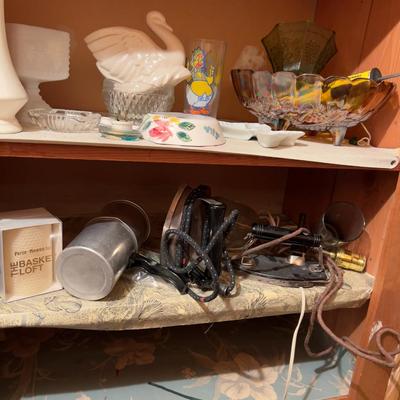 Shelf Of Misc. Collectible, Pottery, Iron, Glass Etc. 