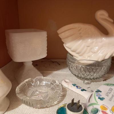 Shelf Of Misc. Collectible, Pottery, Iron, Glass Etc. 