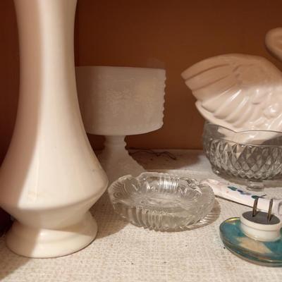 Shelf Of Misc. Collectible, Pottery, Iron, Glass Etc. 
