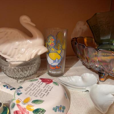Shelf Of Misc. Collectible, Pottery, Iron, Glass Etc. 