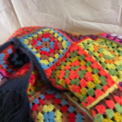 Granny Square Throw Black with Fringe