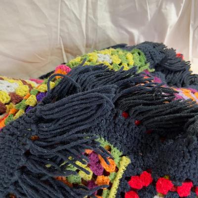 Granny Square Throw Black with Fringe