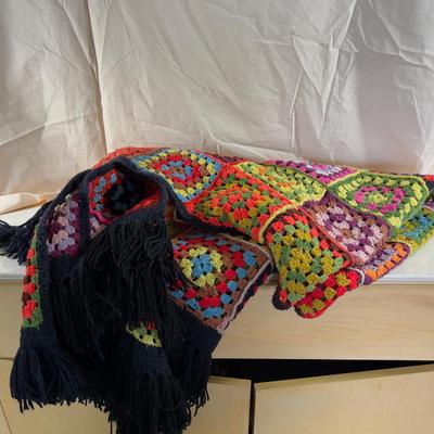 Granny Square Throw Black with Fringe