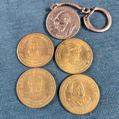 Sale Photo Thumbnail #61: This auction lot is for a grouping of Presidential Collector Coins.  This a group of 5 Presidential Collector Coins with one made into a Key Chain.  The Key chain is of John F. Kennedy, the other four coins are as follows:  George Washington, Thomas Jeffe
