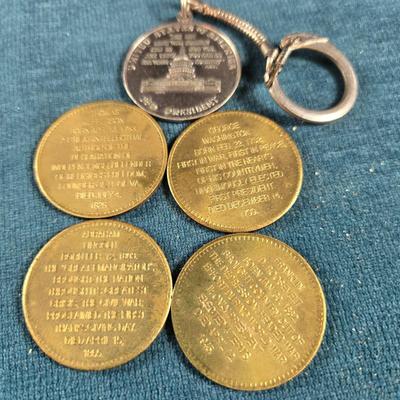 Sale Photo Thumbnail #62: This auction lot is for a grouping of Presidential Collector Coins.  This a group of 5 Presidential Collector Coins with one made into a Key Chain.  The Key chain is of John F. Kennedy, the other four coins are as follows:  George Washington, Thomas Jeffe