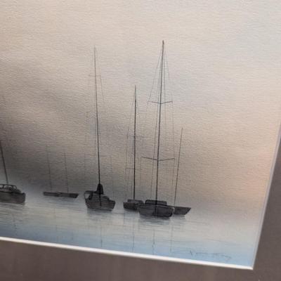 Sale Photo Thumbnail #2164: 17 3/4" x 14 3/4" Framed Sailboats On Blue Water