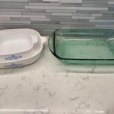 Cornflowerblue casserole dishes and Green Hocking casserole