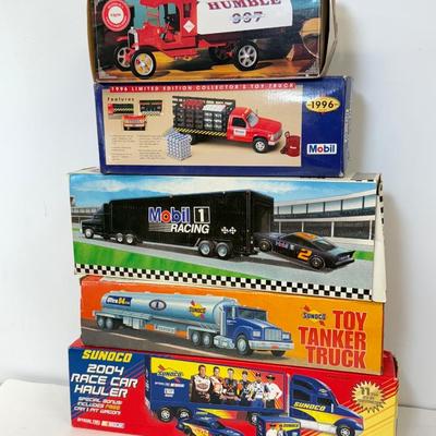 LOT 107: Sunoco Toy Tanker Truck, 2004 Race Car Hauler, Mobile Racing Truck, Humble Toy Tanker Truck & Mobil Collectible Toy Truck
