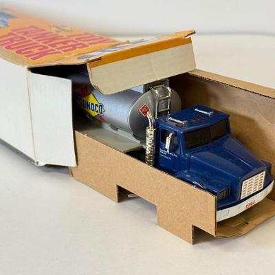 LOT 107: Sunoco Toy Tanker Truck, 2004 Race Car Hauler, Mobile Racing Truck, Humble Toy Tanker Truck & Mobil Collectible Toy Truck