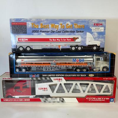 LOT 108: Exxon Diesel Cast Tanker Truck, Lukoil Corvette Carrier, 1999 Mobil LE Collector Toy Truck & More