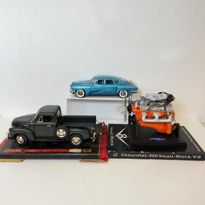 LOT 119: Franklin Mint Precision Models 1:24 Scale 1948 Tucker, Chevrolet Small Block Engine Model & Miro Chevy Pickup Model